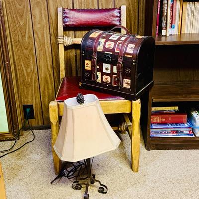 LOT 291: Vintage/Antique Coronado Monterey Style Chair with Red Leather Seat and Back, Travel Chest Style Box and Lamp