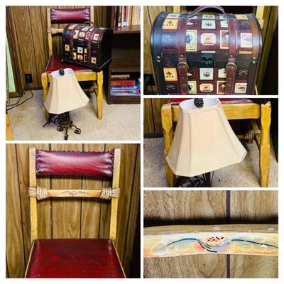 LOT 291: Vintage/Antique Coronado Monterey Style Chair with Red Leather Seat and Back, Travel Chest Style Box and Lamp