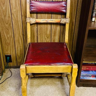 LOT 291: Vintage/Antique Coronado Monterey Style Chair with Red Leather Seat and Back, Travel Chest Style Box and Lamp