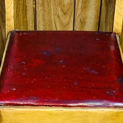 LOT 291: Vintage/Antique Coronado Monterey Style Chair with Red Leather Seat and Back, Travel Chest Style Box and Lamp