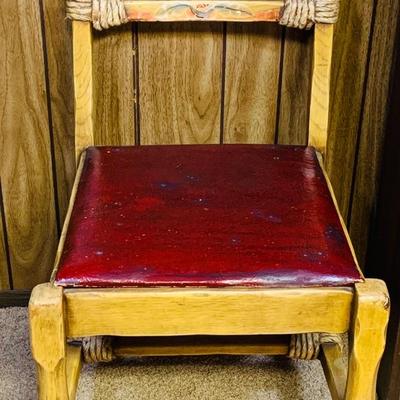 LOT 291: Vintage/Antique Coronado Monterey Style Chair with Red Leather Seat and Back, Travel Chest Style Box and Lamp