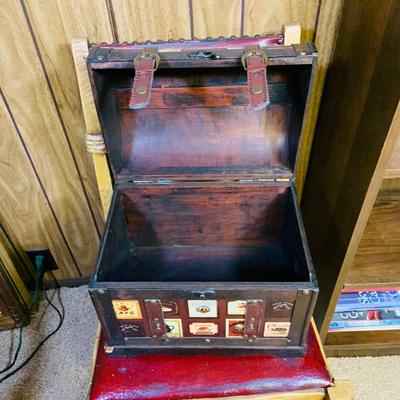 LOT 291: Vintage/Antique Coronado Monterey Style Chair with Red Leather Seat and Back, Travel Chest Style Box and Lamp