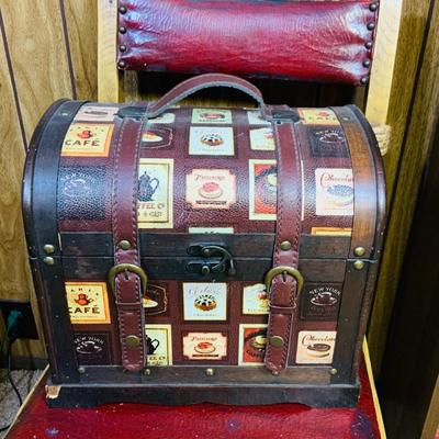 LOT 291: Vintage/Antique Coronado Monterey Style Chair with Red Leather Seat and Back, Travel Chest Style Box and Lamp