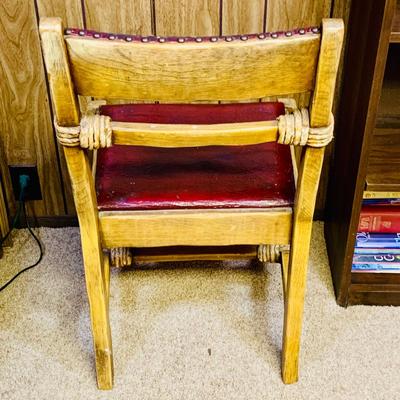 LOT 291: Vintage/Antique Coronado Monterey Style Chair with Red Leather Seat and Back, Travel Chest Style Box and Lamp