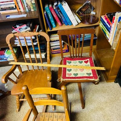 LOT 292: All Sizes of Wooden Rockers - Antique Wooden Rocking Char, Two Children’s Rocking Chairs and Child’s Size Desk Chair