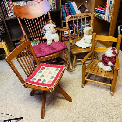 LOT 292: All Sizes of Wooden Rockers - Antique Wooden Rocking Char, Two Children’s Rocking Chairs and Child’s Size Desk Chair