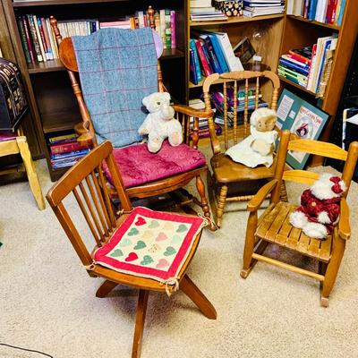 LOT 292: All Sizes of Wooden Rockers - Antique Wooden Rocking Char, Two Children’s Rocking Chairs and Child’s Size Desk Chair