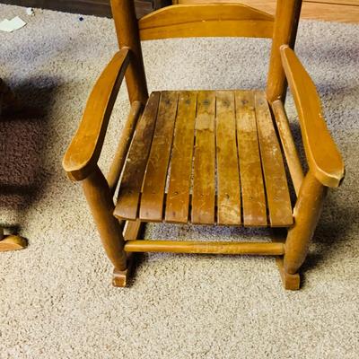 LOT 292: All Sizes of Wooden Rockers - Antique Wooden Rocking Char, Two Children’s Rocking Chairs and Child’s Size Desk Chair