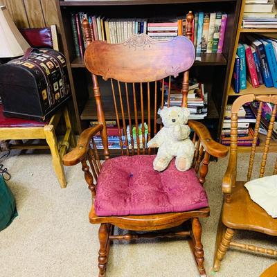 LOT 292: All Sizes of Wooden Rockers - Antique Wooden Rocking Char, Two Children’s Rocking Chairs and Child’s Size Desk Chair