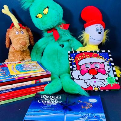 LOT 297: Dr Seuss Plushes Featuring the Grinch and Max and Holiday Children’s Bookx