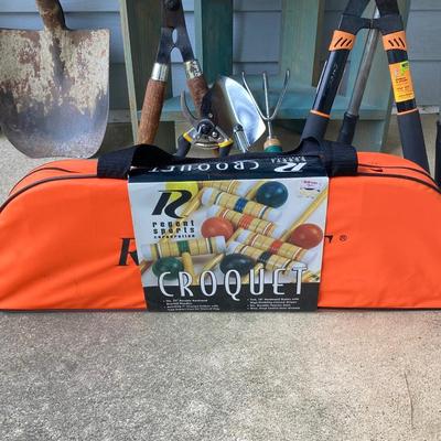 LOT 314: Gardener / Outdoor Collection - Wooden Rack / Shelf with Shovel, Garden Tools and Croquet Set