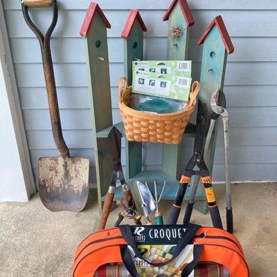 LOT 314: Gardener / Outdoor Collection - Wooden Rack / Shelf with Shovel, Garden Tools and Croquet Set