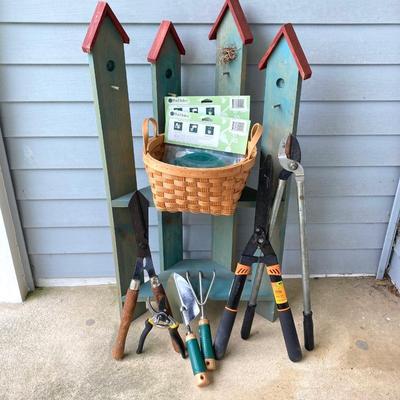 LOT 314: Gardener / Outdoor Collection - Wooden Rack / Shelf with Shovel, Garden Tools and Croquet Set