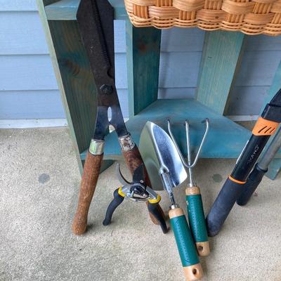 LOT 314: Gardener / Outdoor Collection - Wooden Rack / Shelf with Shovel, Garden Tools and Croquet Set