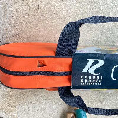 LOT 314: Gardener / Outdoor Collection - Wooden Rack / Shelf with Shovel, Garden Tools and Croquet Set