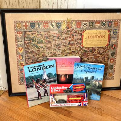 LOT 315: Vintage London England Wall Art, Books and Toy London Bus and Taxi in Original Package