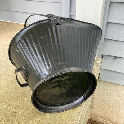 LOT 317: Metal Circular Firewood / Log Storage Rack and Painted Black Coal/Ash Bucket with Handle