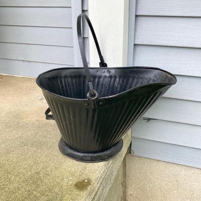 LOT 317: Metal Circular Firewood / Log Storage Rack and Painted Black Coal/Ash Bucket with Handle