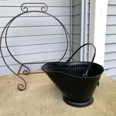 LOT 317: Metal Circular Firewood / Log Storage Rack and Painted Black Coal/Ash Bucket with Handle