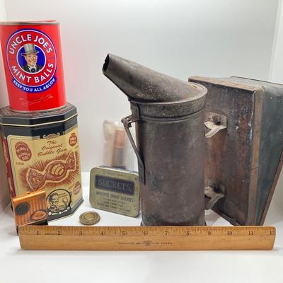 LOT 319: Antique / Vintage Bee Keepers Supplies Bee Smoker, Vintage Tins, Tokens, Notre Dame Matchbook and More