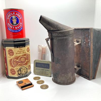 LOT 319: Antique / Vintage Bee Keepers Supplies Bee Smoker, Vintage Tins, Tokens, Notre Dame Matchbook and More