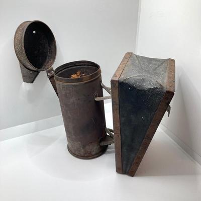 LOT 319: Antique / Vintage Bee Keepers Supplies Bee Smoker, Vintage Tins, Tokens, Notre Dame Matchbook and More