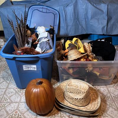 LOT 335: Large Collection of Fall Decor, Costumes. Straw Hats, Pilgrims and so much more