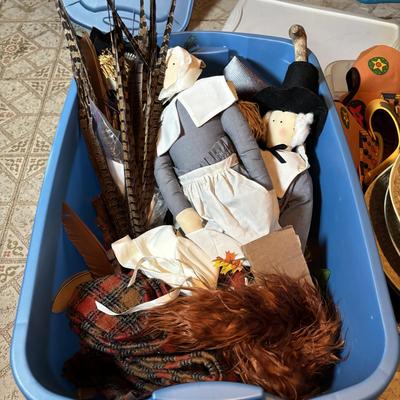 LOT 335: Large Collection of Fall Decor, Costumes. Straw Hats, Pilgrims and so much more