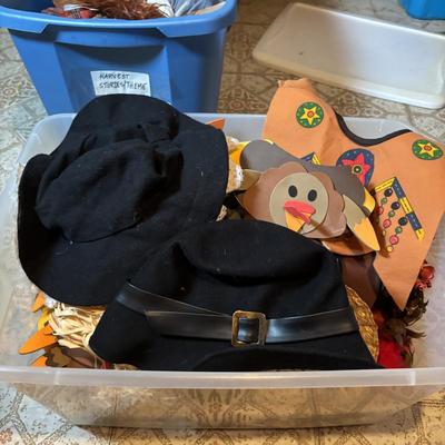 LOT 335: Large Collection of Fall Decor, Costumes. Straw Hats, Pilgrims and so much more