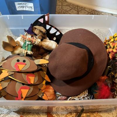 LOT 335: Large Collection of Fall Decor, Costumes. Straw Hats, Pilgrims and so much more