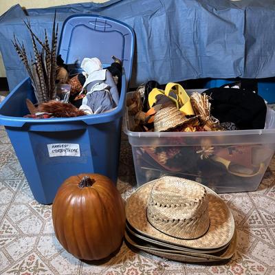LOT 335: Large Collection of Fall Decor, Costumes. Straw Hats, Pilgrims and so much more