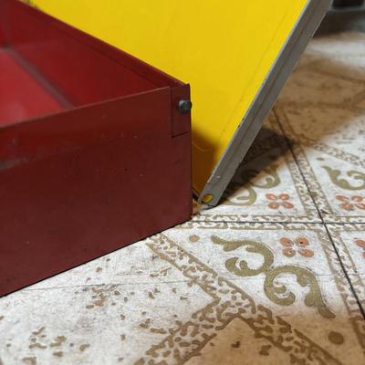 LOT 339: Vintage Children" Desk & Chalkboard, Erector Set Box, Pink Metal Stove along with 4 Children's Books