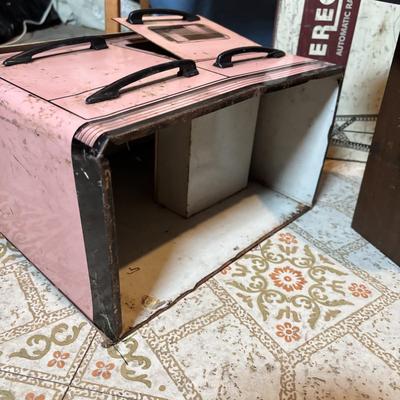 LOT 339: Vintage Children" Desk & Chalkboard, Erector Set Box, Pink Metal Stove along with 4 Children's Books
