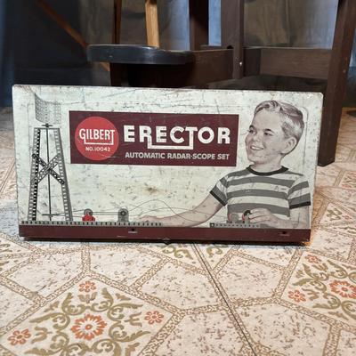 LOT 339: Vintage Children" Desk & Chalkboard, Erector Set Box, Pink Metal Stove along with 4 Children's Books