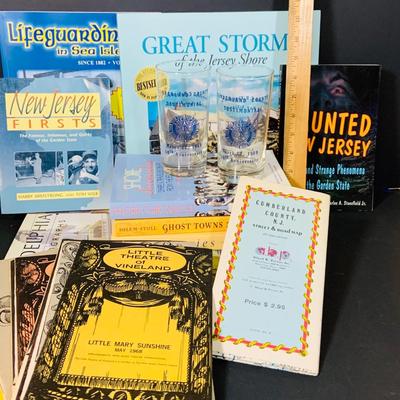 LOT 352: South Jersey Memorabilia Including Book, Vintage Little Theater of Vineland Playbills, Cumberland Co American Legion Glasses...