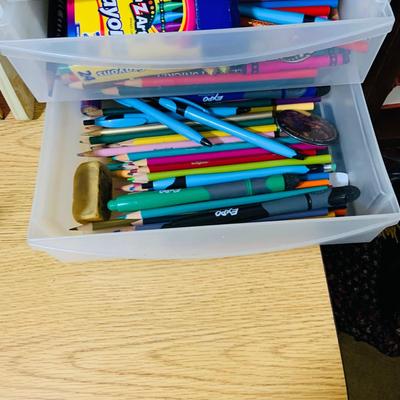 LOT 353: Children’s Desk Full of Learning Essentials Including Colorful Canvas and Wood Book Stand, Rustic Log Pencils and Pens, Storage...