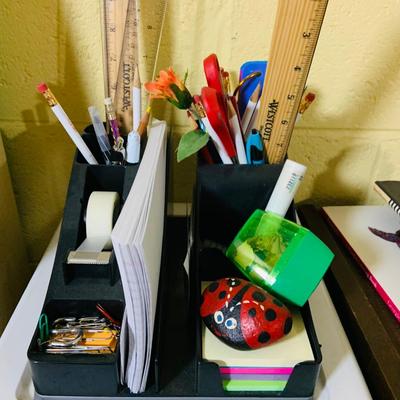 LOT 353: Children’s Desk Full of Learning Essentials Including Colorful Canvas and Wood Book Stand, Rustic Log Pencils and Pens, Storage...