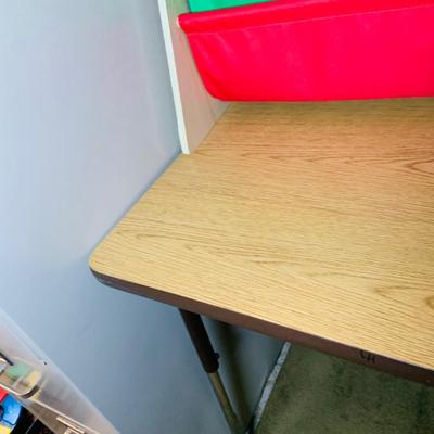 LOT 353: Children’s Desk Full of Learning Essentials Including Colorful Canvas and Wood Book Stand, Rustic Log Pencils and Pens, Storage...