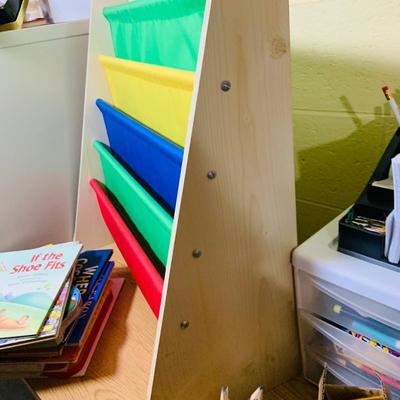 LOT 353: Children’s Desk Full of Learning Essentials Including Colorful Canvas and Wood Book Stand, Rustic Log Pencils and Pens, Storage...