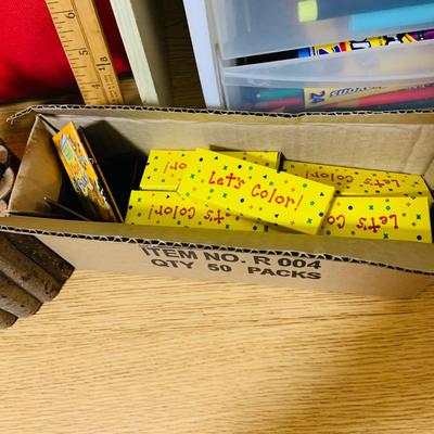 LOT 353: Children’s Desk Full of Learning Essentials Including Colorful Canvas and Wood Book Stand, Rustic Log Pencils and Pens, Storage...