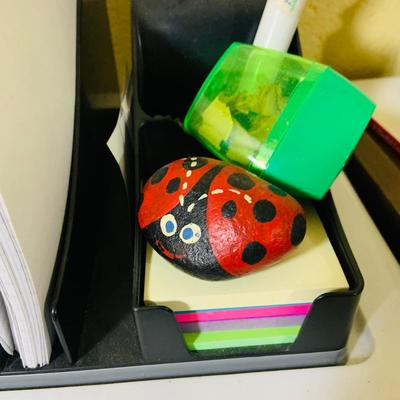 LOT 353: Children’s Desk Full of Learning Essentials Including Colorful Canvas and Wood Book Stand, Rustic Log Pencils and Pens, Storage...