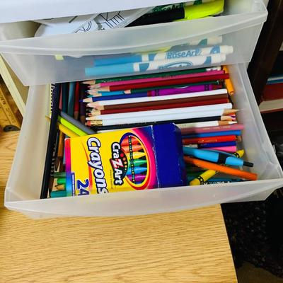 LOT 353: Children’s Desk Full of Learning Essentials Including Colorful Canvas and Wood Book Stand, Rustic Log Pencils and Pens, Storage...