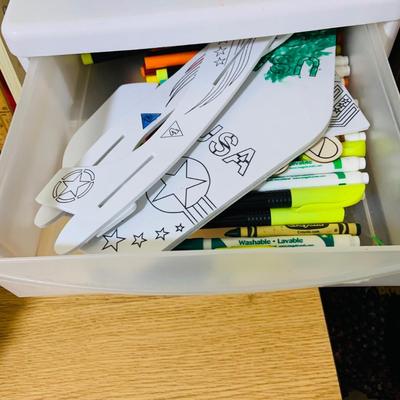 LOT 353: Children’s Desk Full of Learning Essentials Including Colorful Canvas and Wood Book Stand, Rustic Log Pencils and Pens, Storage...