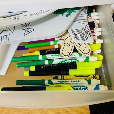 LOT 353: Children’s Desk Full of Learning Essentials Including Colorful Canvas and Wood Book Stand, Rustic Log Pencils and Pens, Storage...