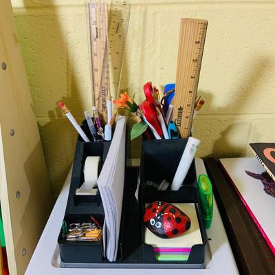 LOT 353: Children’s Desk Full of Learning Essentials Including Colorful Canvas and Wood Book Stand, Rustic Log Pencils and Pens, Storage...