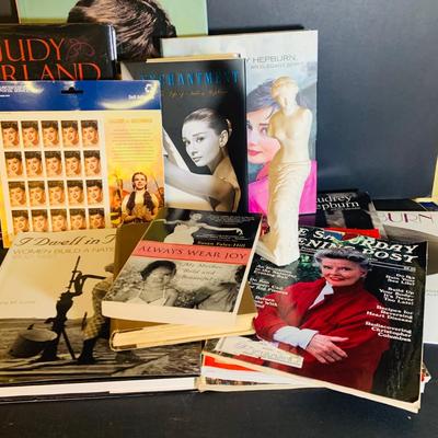LOT 360: Collection Inspired by Remarkable Women Including Judy Garland Book and Stamps, Audrey Hepburn Books, and More