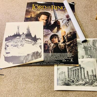 LOT 361: Set of Two (2) Lord of the Ring Movie Posters (Only One Unrolled) and Three (3) Vintage Medieval Inspired Posters