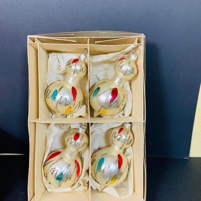 LOT 364: Vintage Christmas Decorations Including Hand Blown Glass Bulbs from Germany, Vintage Sleigh with White Plastic Reindeer,...