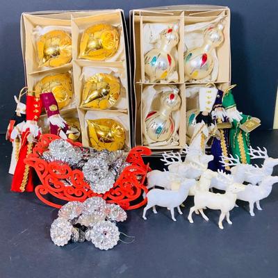 LOT 364: Vintage Christmas Decorations Including Hand Blown Glass Bulbs from Germany, Vintage Sleigh with White Plastic Reindeer,...