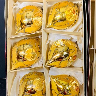 LOT 364: Vintage Christmas Decorations Including Hand Blown Glass Bulbs from Germany, Vintage Sleigh with White Plastic Reindeer,...